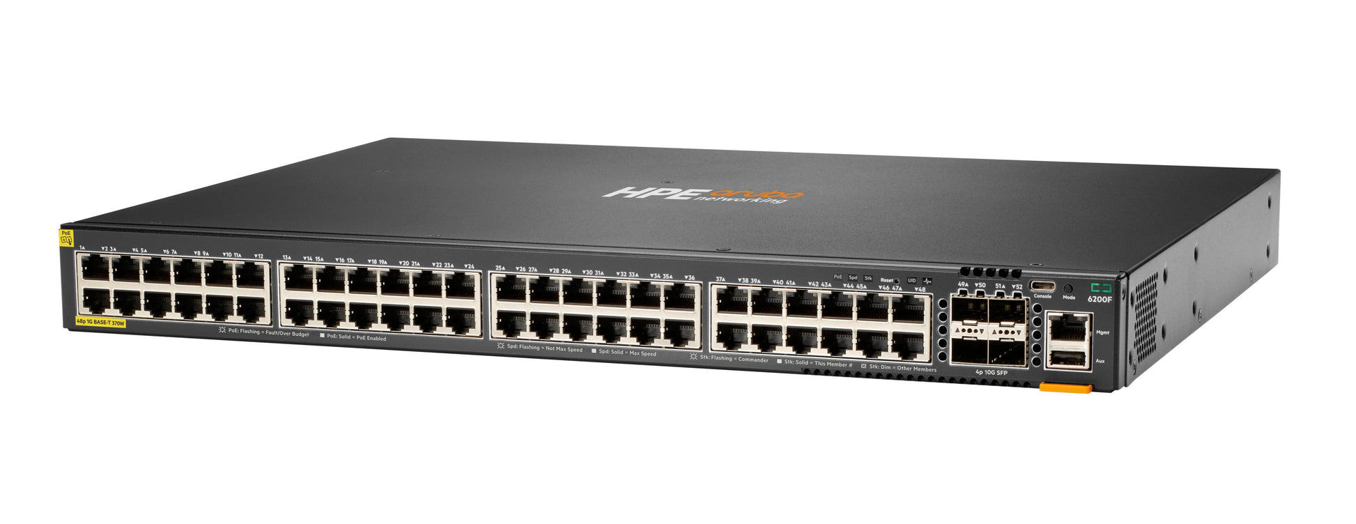 HPE Aruba CX 6200F 48G Klasse-4 – Managed Switch – 48×GbE, 4×SFP, L3, PoE+ 370 W, 1U