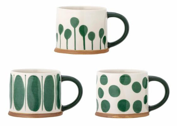 Bloomingville Kaffeebecher – 3er Set, 450 ml, Ø 11,0 cm, Steingut, Weiss/Grün, spülmaschinenfest