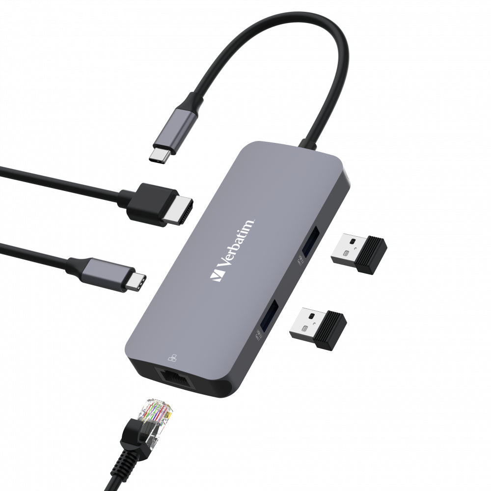 Verbatim CMH-05 Multiport-Adapter – USB-C, 1× HDMI, 2× USB-A, 100 W PD, GbE, für Windows/Mac/ChromeOS
