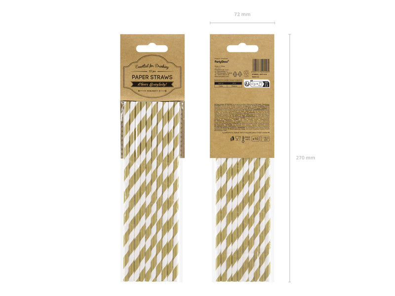 PartyDeco Papierstrohhalme, gestreift, 19,5 cm, weiss/gold – 10 Stk.