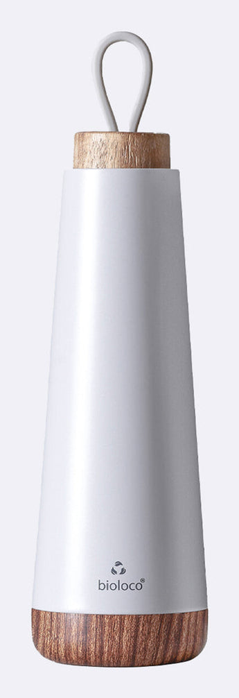 BioLoco Loop Isolierflasche 500 ml – Doppelwandig 18 h heiss/12 h kalt, Edelstahl, Holzdeckel, Hellgrau