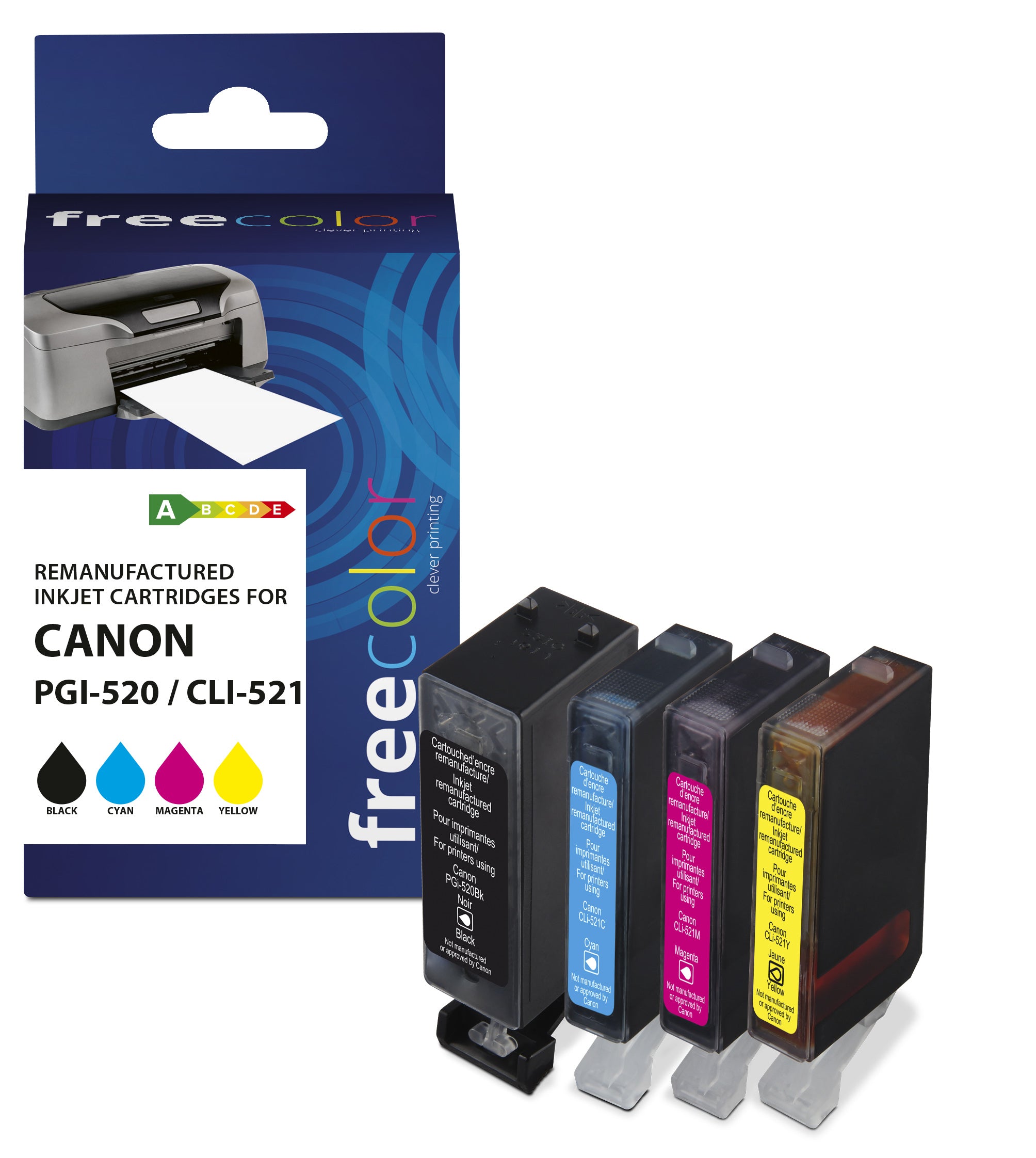 Freecolor CLI-520/21 Tintenpatronen-Multipack, Schwarz/Cyan/Magenta/Gelb (Kompatibel) – für Canon Pixma