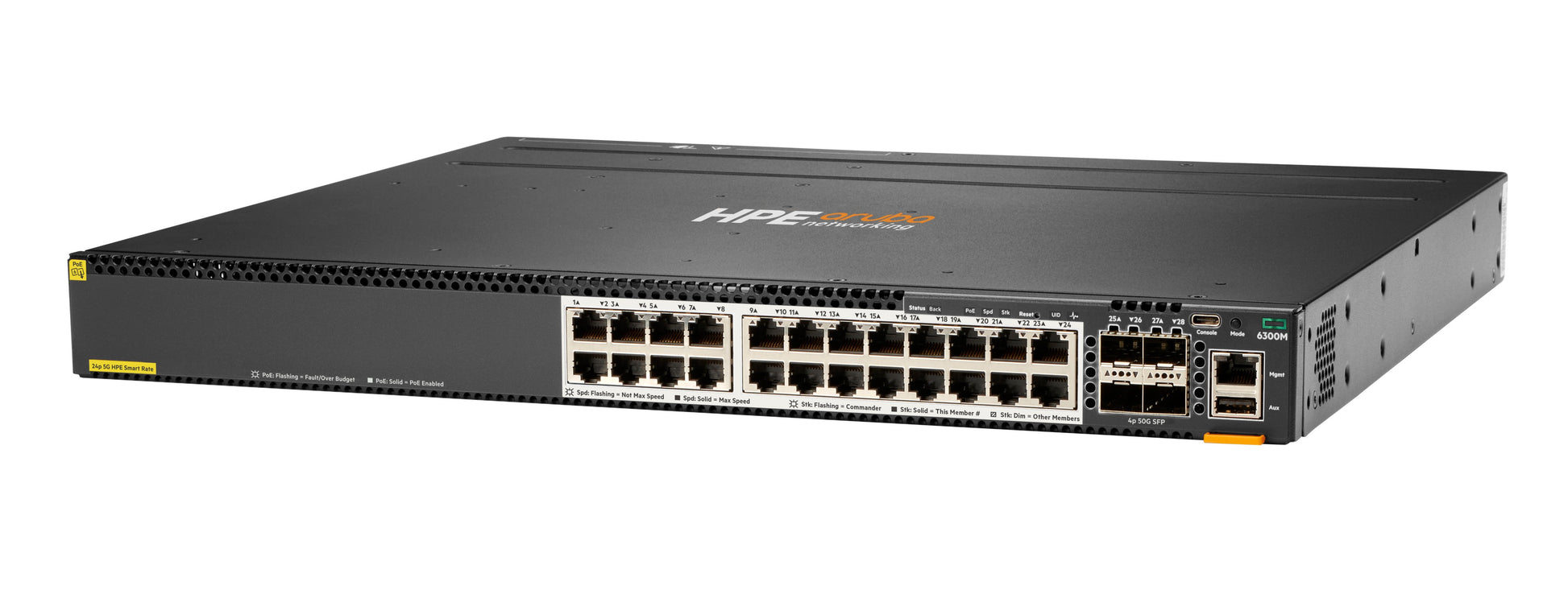 HPE Aruba CX 6300M 24SR5 CL6 – Verwalteter L3 Switch – 24× 1/2,5/5G, 4× SFP56, PoE++, PoE-Budget 1440 W, 19", 1U