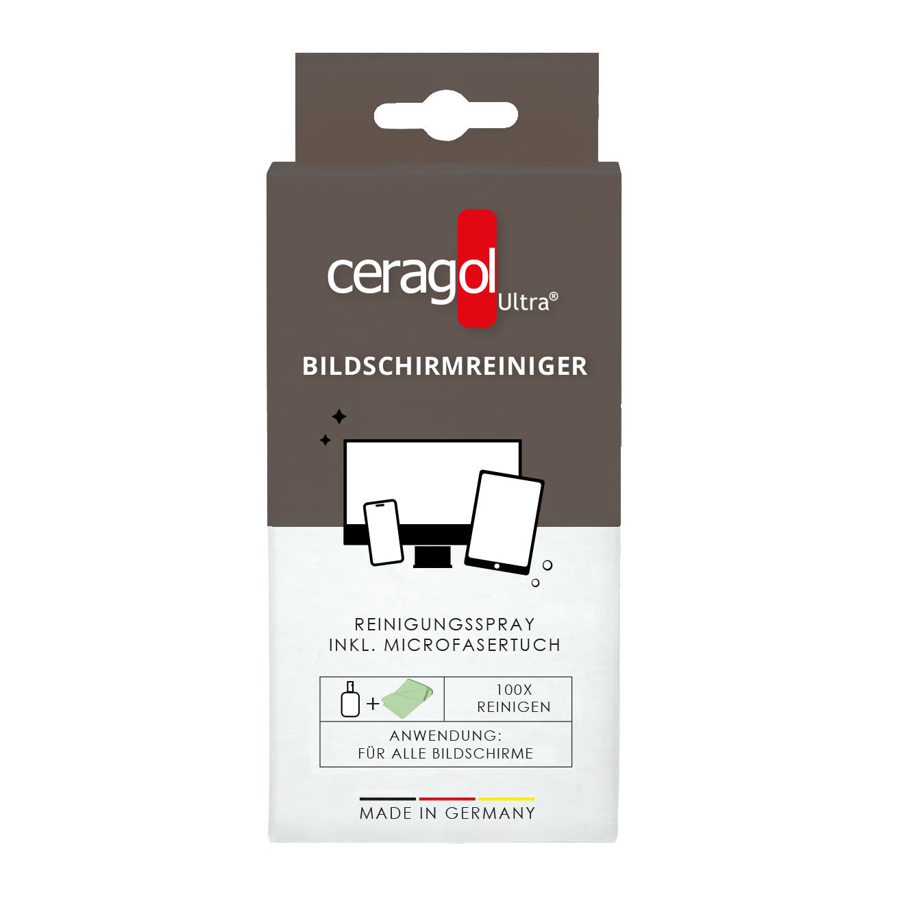 Ceragol Bildschirm-Reinigungsset A08013425 – 50 ml + Tuch – für Smartphone, 1 Stk.