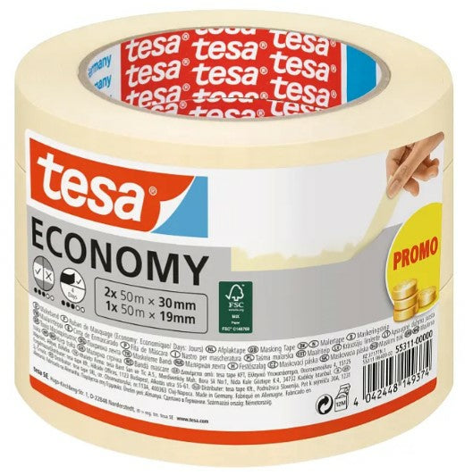 TESA Malerband ECONOMY, beige – 30 mm × 50 m, 3 Rollen