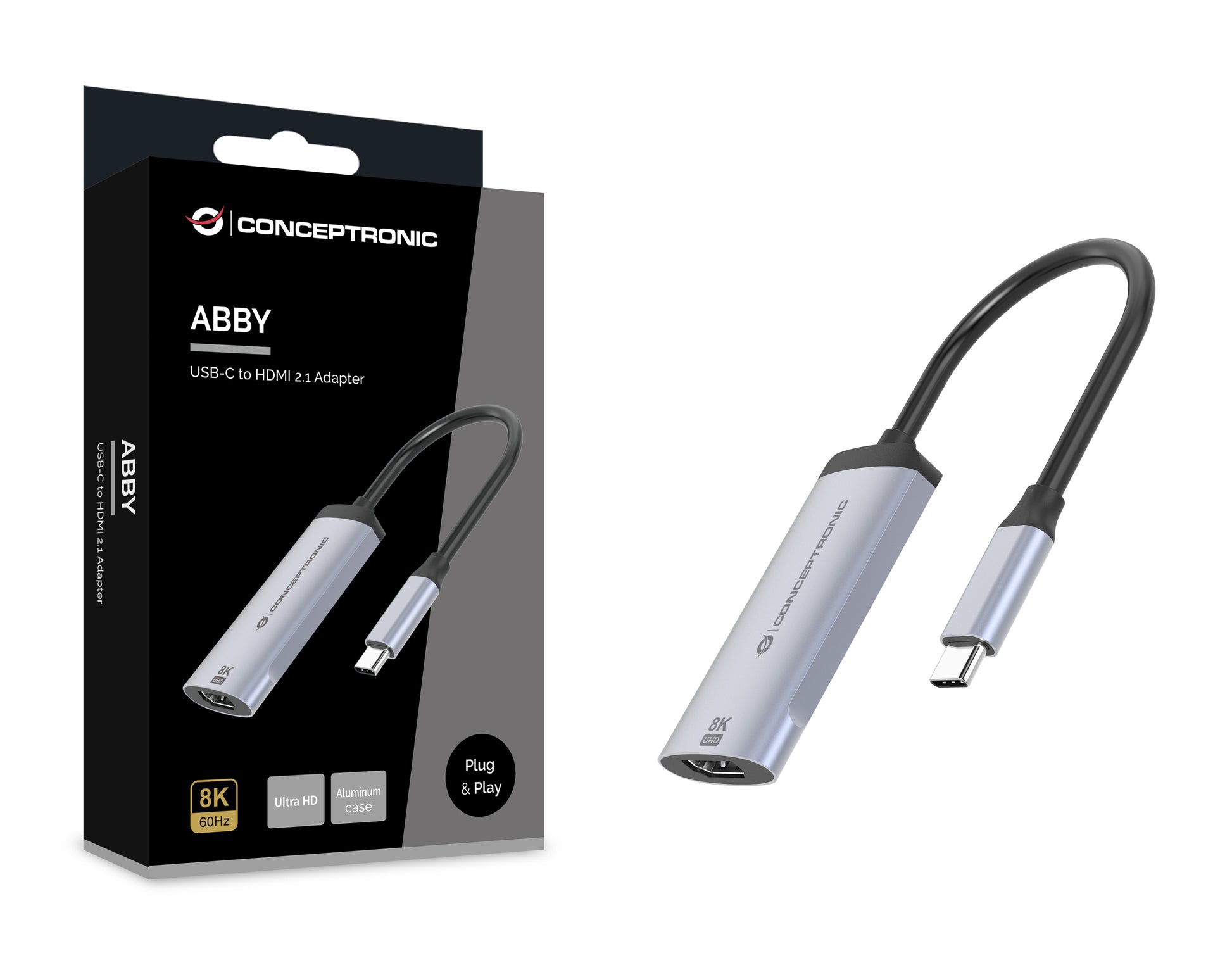 Conceptronic ABBY23G USB-C-zu-HDMI-Adapter – 8K (7680 × 4320) @ 60 Hz, HDMI 2.1, 0,15 m, Silber