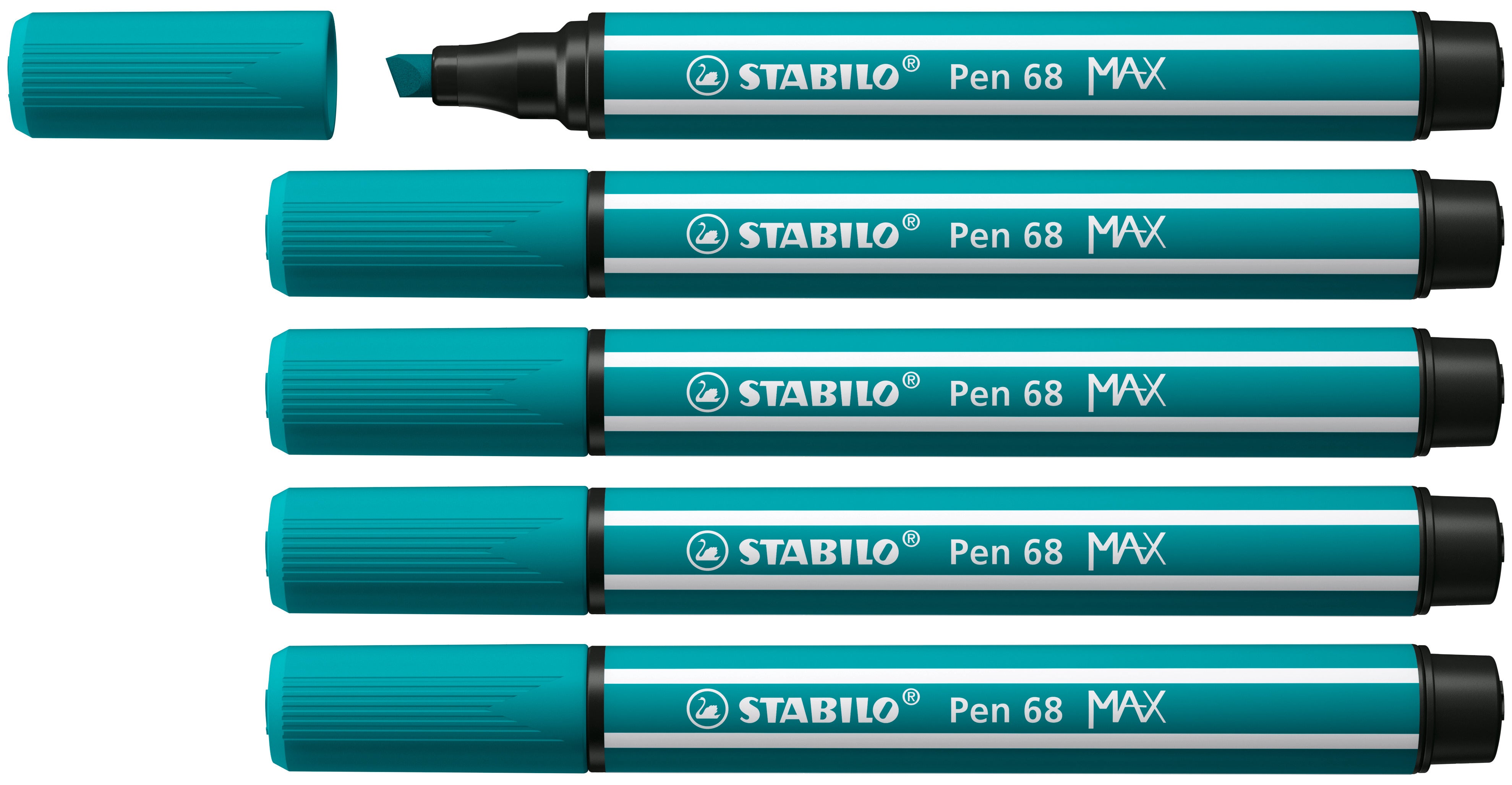 STABILO Pen 68 MAX Filzstift – Doppelspitze, Keilspitze, 1 mm + 5 mm, wasservermalbar, türkis, 5er Set