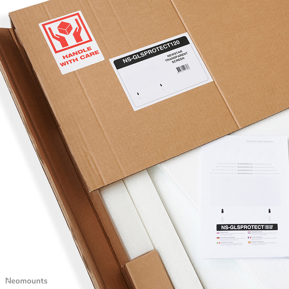 Neomounts Hygieneschutzschild – 1'200 × 650 mm, transparent, mit Montageset, für Tischplatten 0–25 mm