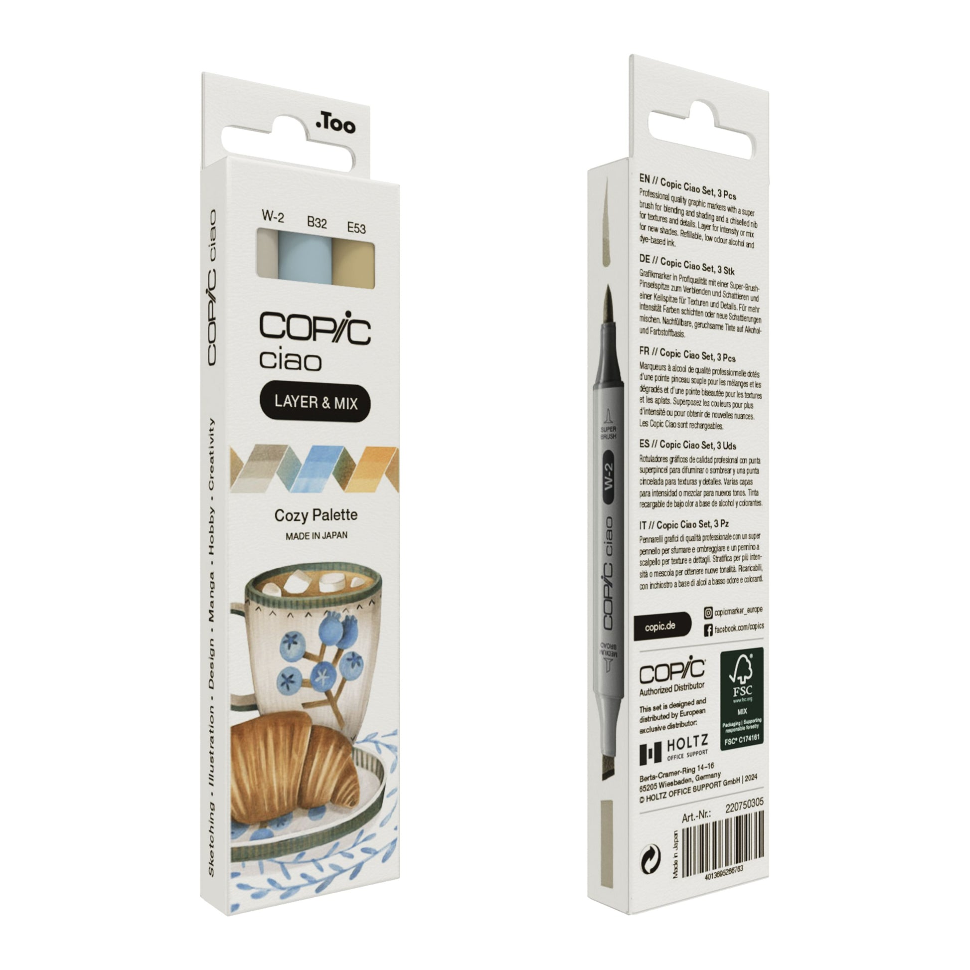 Copic Ciao Permanentmarker – Keilspitze/Bürstenspitze – Beige, Hellblau, Warmes Grau – 3er-Set (Cozy Palette)