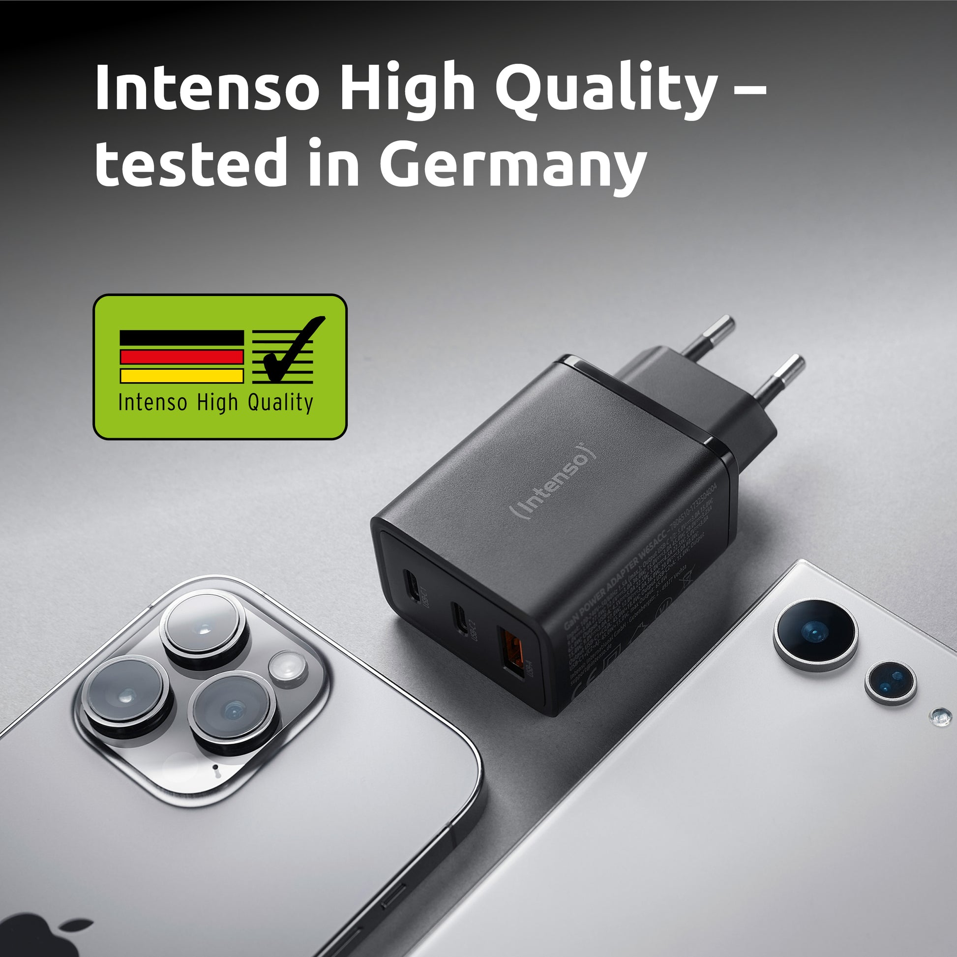 Intenso W65ACC USB-Wandladegerät 65 W – USB-C×2, USB-A×1 – GaN, Schwarz