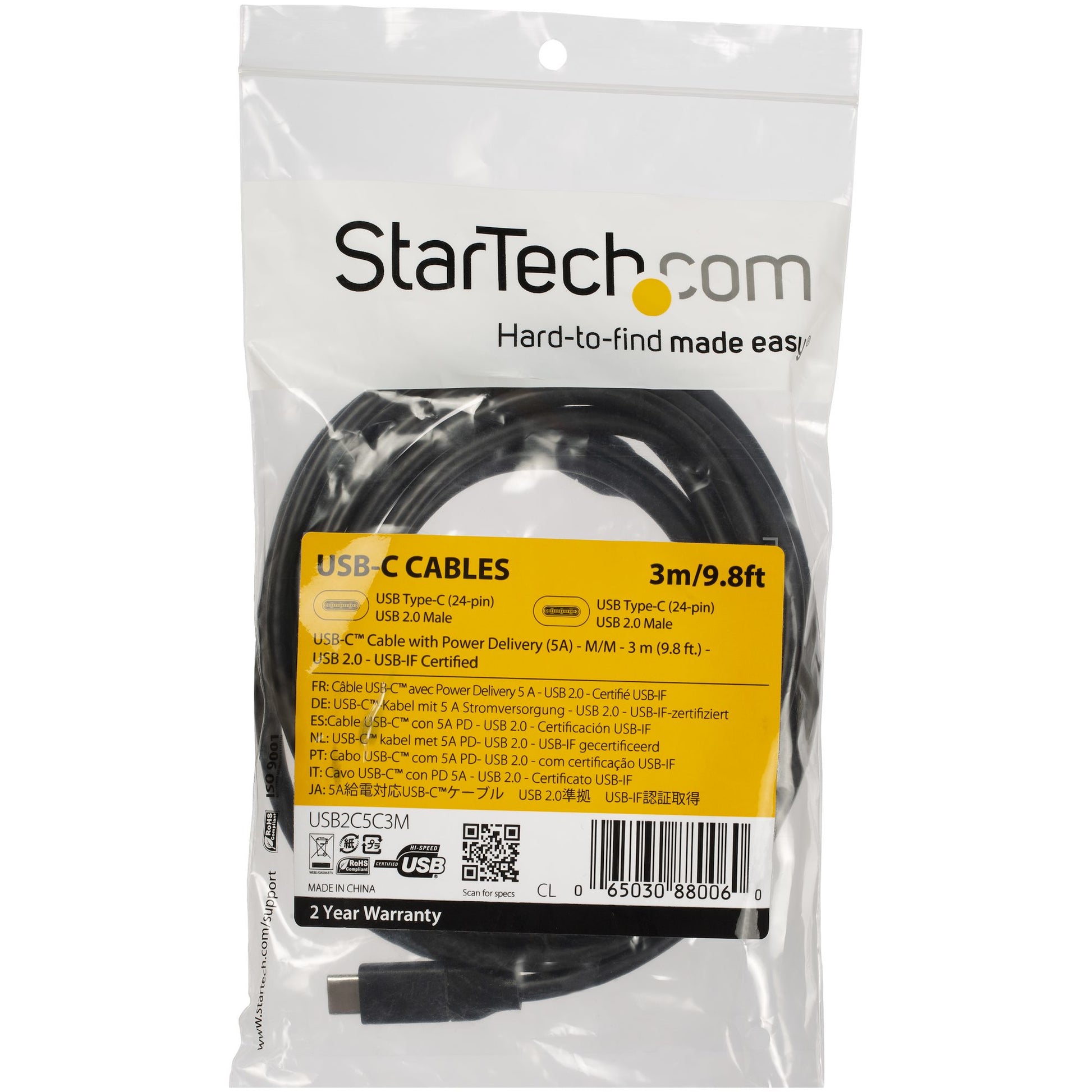 StarTech.com USB-C auf USB-C Kabel – USB 2.0 (480 Mbit/s) – 3 m – PD 100 W – USB-IF zertifiziert – Schwarz