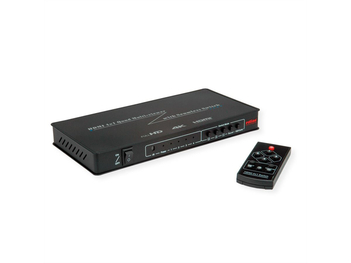 ROLINE Quad Multi-Viewer Switch, 4× HDMI In/1× HDMI Out, 4K@30 Hz, Fernbedienung, Netzteil, Schwarz