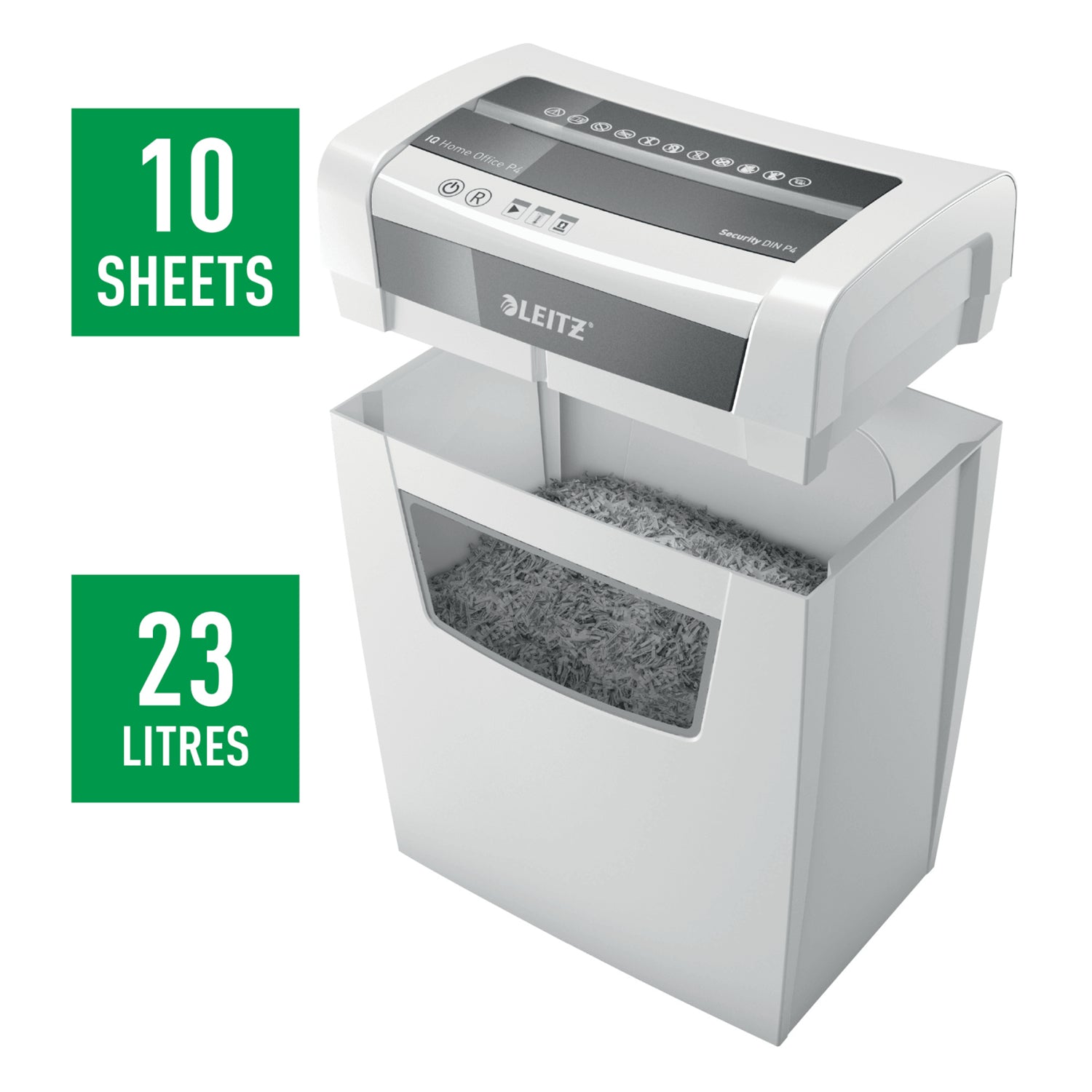 Leitz IQ Home Office – Aktenvernichter, DIN P-4, Partikelschnitt 4 × 28 mm, 10 Blatt, 23 l, A4