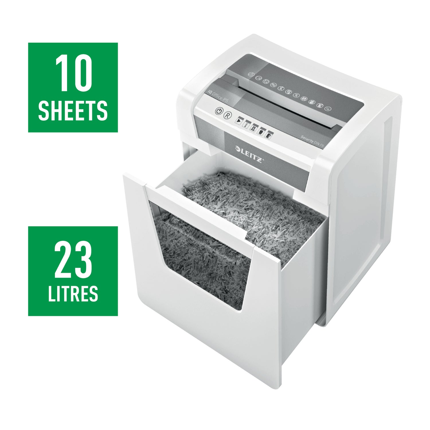 Leitz IQ Office – Aktenvernichter, DIN P-5, Mikroschnitt 2 × 15 mm, 10 Blatt, 23 l, A4