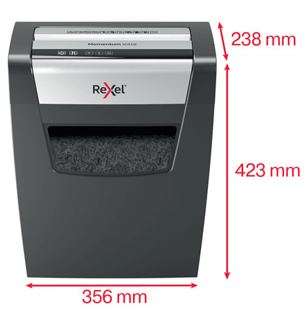 Rexel Momentum X312 – Aktenvernichter, DIN P-3, Partikelschnitt 5 × 42 mm, 12 Blatt, 23 l, A4