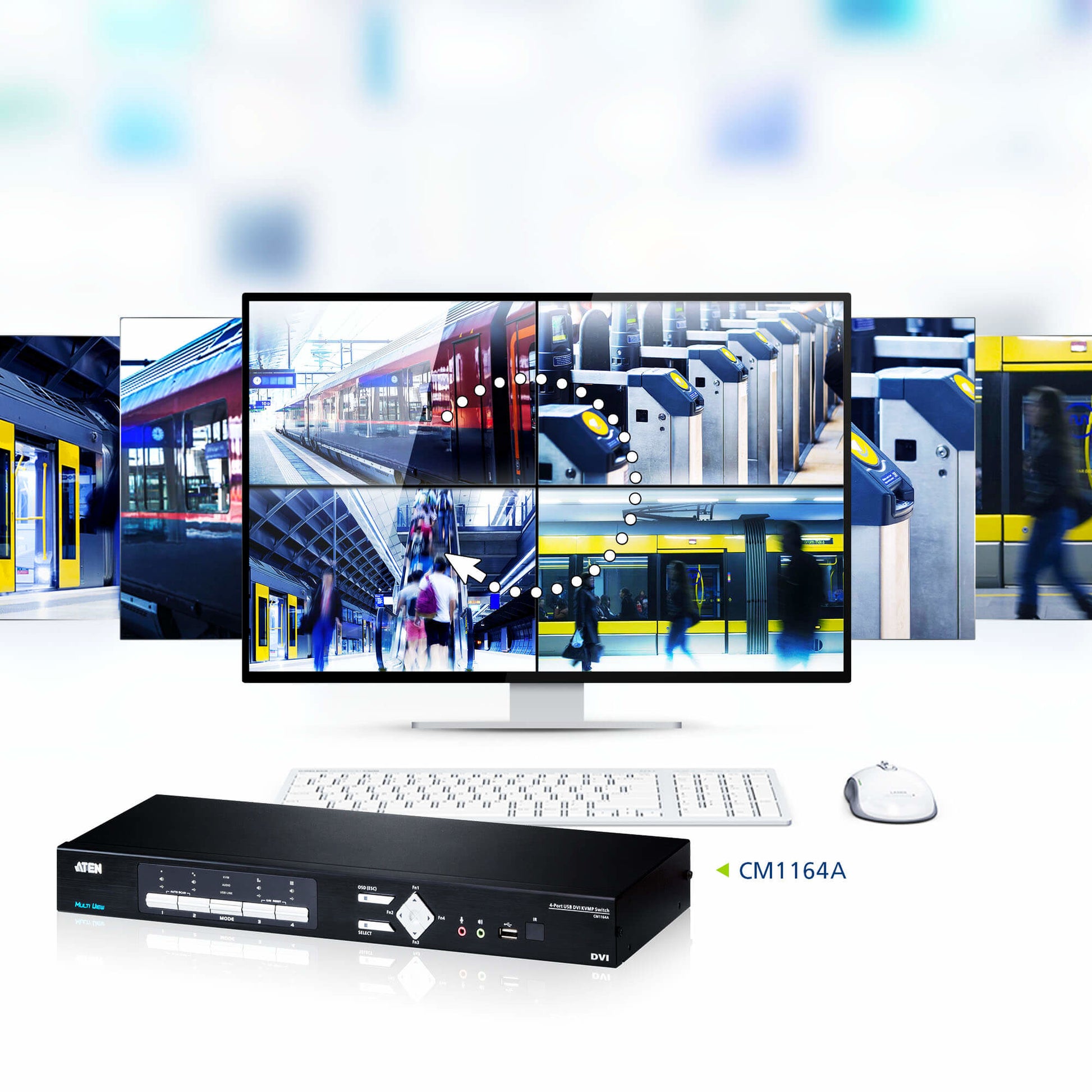 ATEN CM1164A – 4-Port DVI-D KVM-Switch, Quad-View – 1920 × 1200/60 Hz, USB 2.0-Hub, Audio, Rack 1U