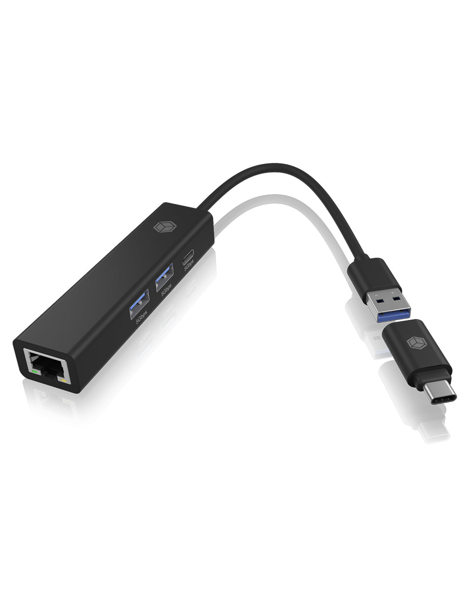 ICY BOX IB-1439-LAN USB-Hub – USB-A, 2× USB-A, 1× USB-C, GbE, für Windows/Mac/ChromeOS
