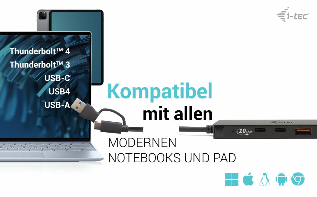 i-tec USB-Hub – 2× USB-A, 2× USB-C, für Windows/Mac/ChromeOS