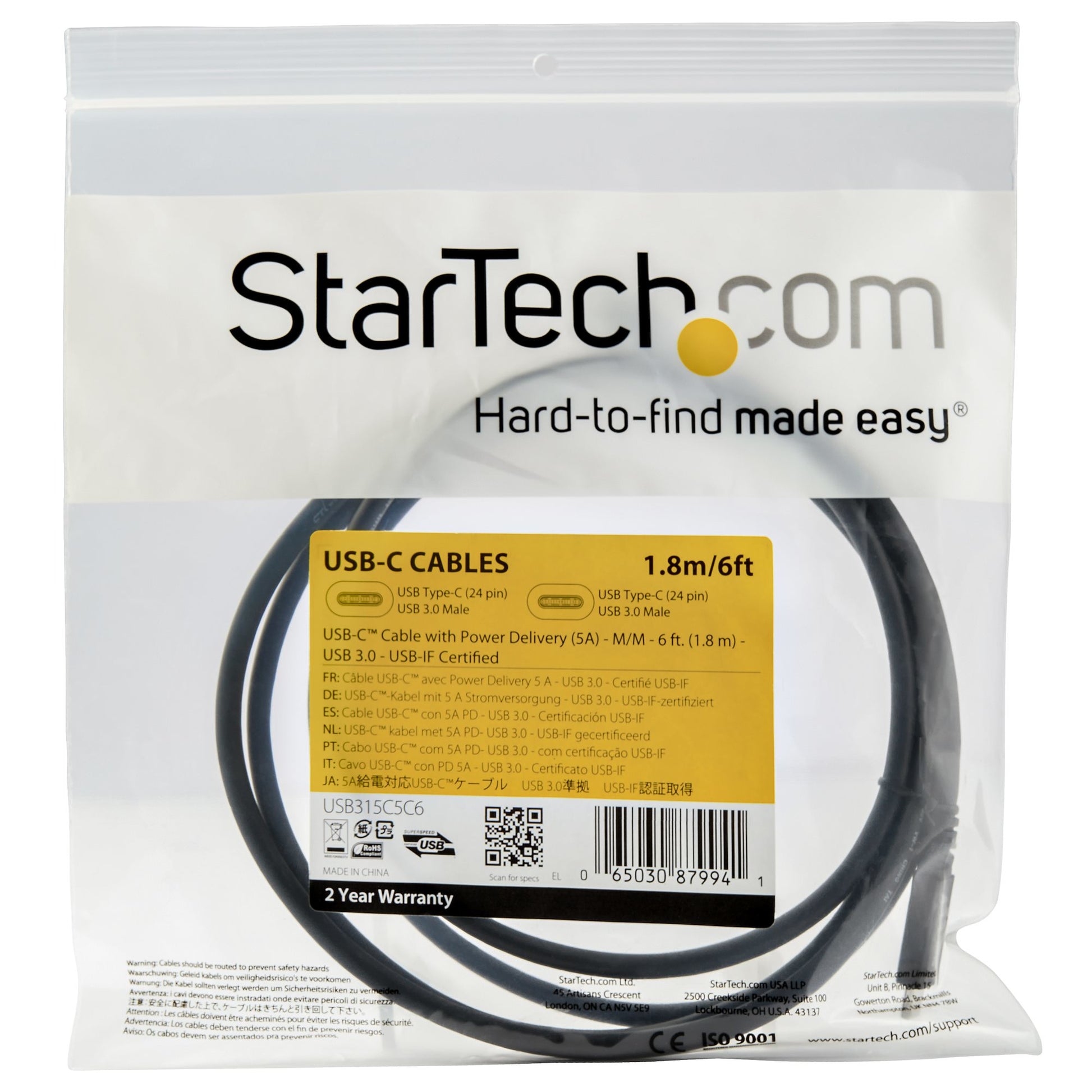StarTech.com USB-C auf USB-C Kabel – USB 3.2 Gen 1 (5 Gbit/s) – 1,8 m – PD 100 W – 4K/60 – Schwarz