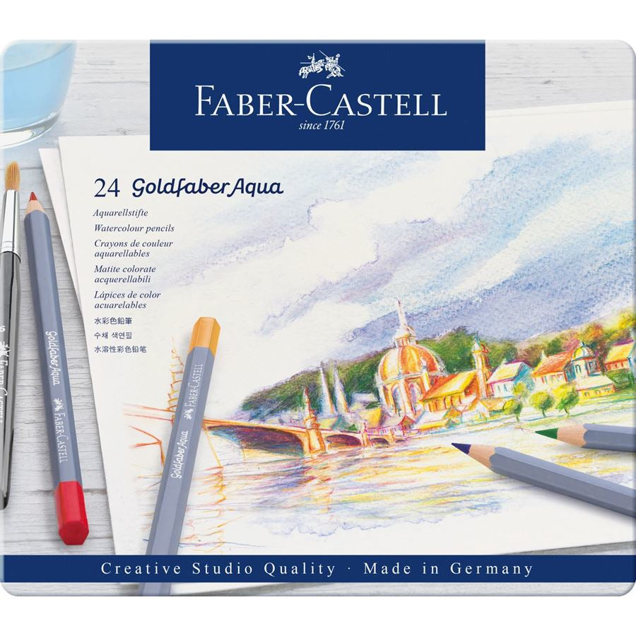 Faber-Castell Aquarellfarbstifte Goldfaber Aqua – Sechskant, Minen-Ø 3,3 mm, 24 Farben, im Metalletui