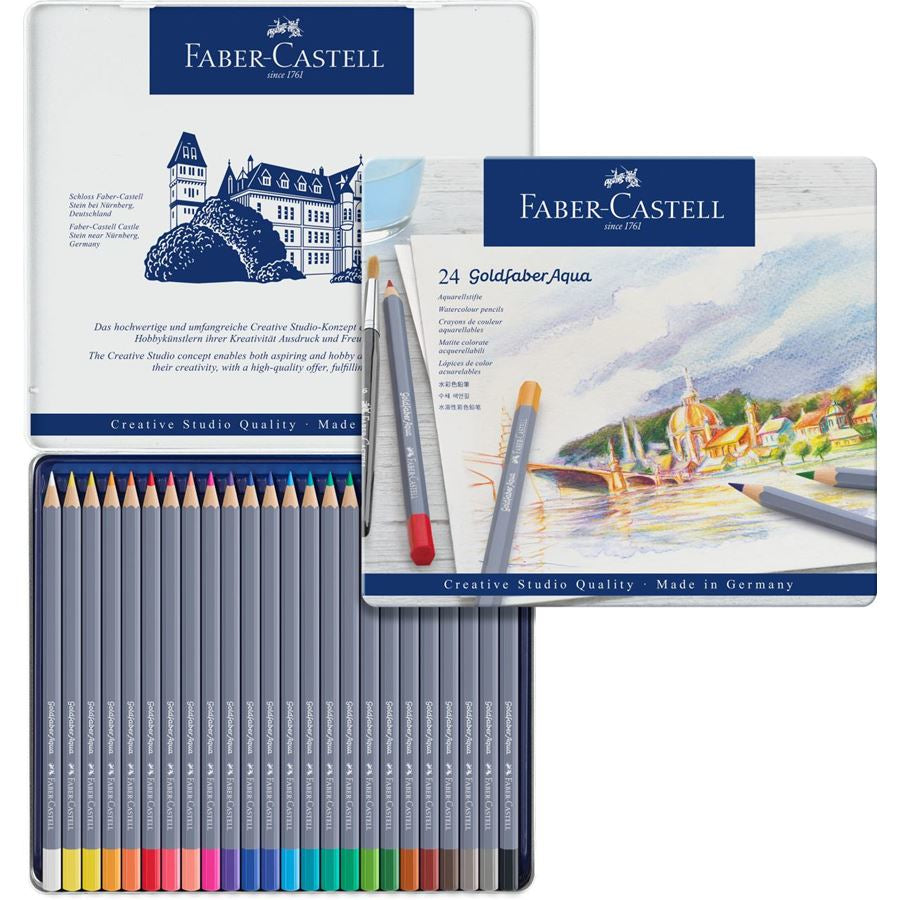 Faber-Castell Aquarellfarbstifte Goldfaber Aqua – Sechskant, Minen-Ø 3,3 mm, 24 Farben, im Metalletui