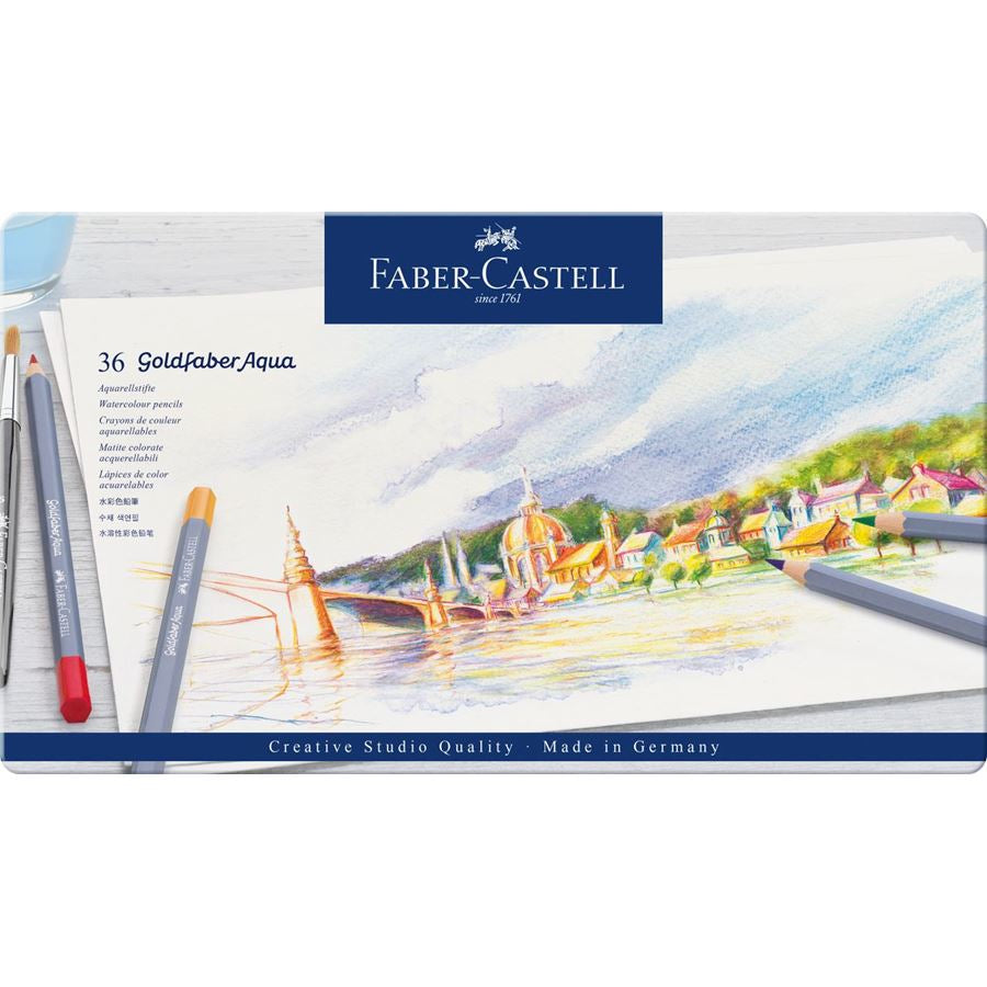 Faber-Castell Goldfaber Aqua Aquarellfarbstifte – 36 Farben, lichtbeständig, Ø 3,3 mm, Metallschachtel