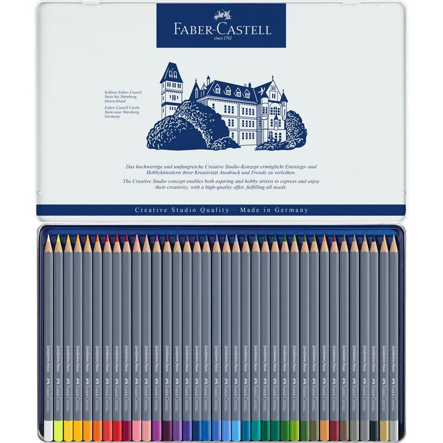 Faber-Castell Goldfaber Aqua Aquarellfarbstifte – 36 Farben, lichtbeständig, Ø 3,3 mm, Metallschachtel