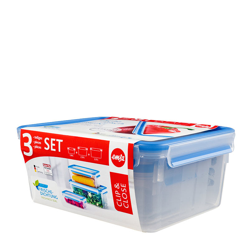 EMSA Clip & Close – Vorratsdose 1 l, 2,3 l, 3,7 l, Polypropylen (PP), transparent/blau, 3-teilig