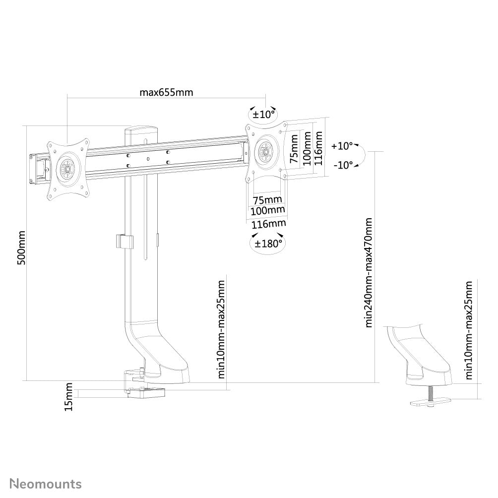 Neomounts Tischhalterung, Dual, Tischklemme, bis 27", 7 kg, neigen/schwenken/drehen, schwarz
