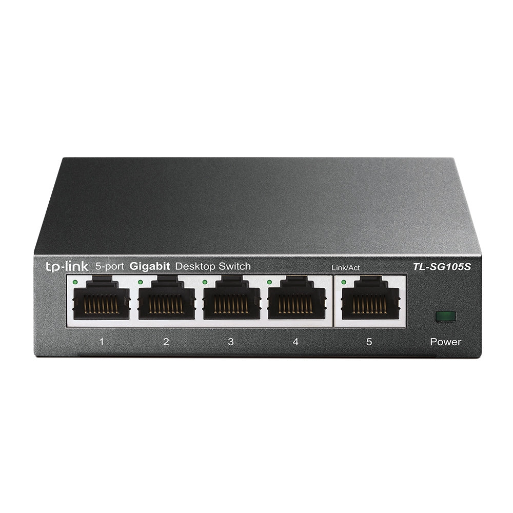 TP-Link TL-SG105S – Unmanaged Gigabit-Switch, 5x RJ-45 (1G), Metallgehäuse, Wand-/Tischmontage, Schwarz