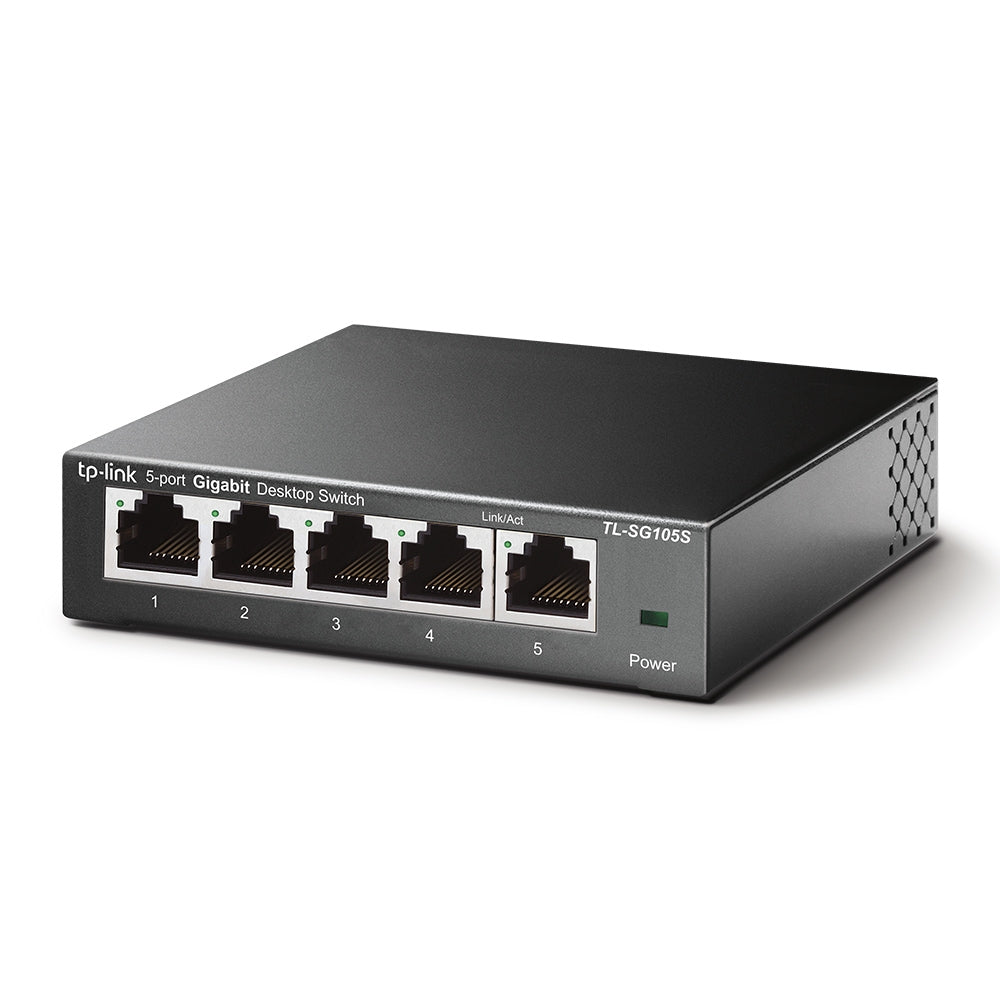 TP-Link TL-SG105S – Unmanaged Gigabit-Switch, 5x RJ-45 (1G), Metallgehäuse, Wand-/Tischmontage, Schwarz
