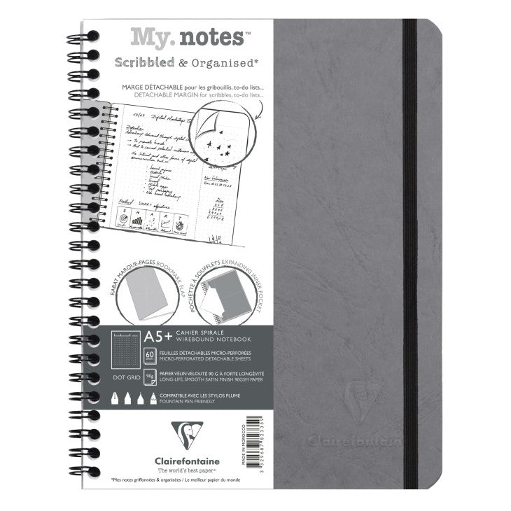 Clairefontaine Notizbuch – A5+ – punktiert 5 mm – 120 Seiten – 90 g/m² – Doppelspirale, Hardcover, grau, PEFC