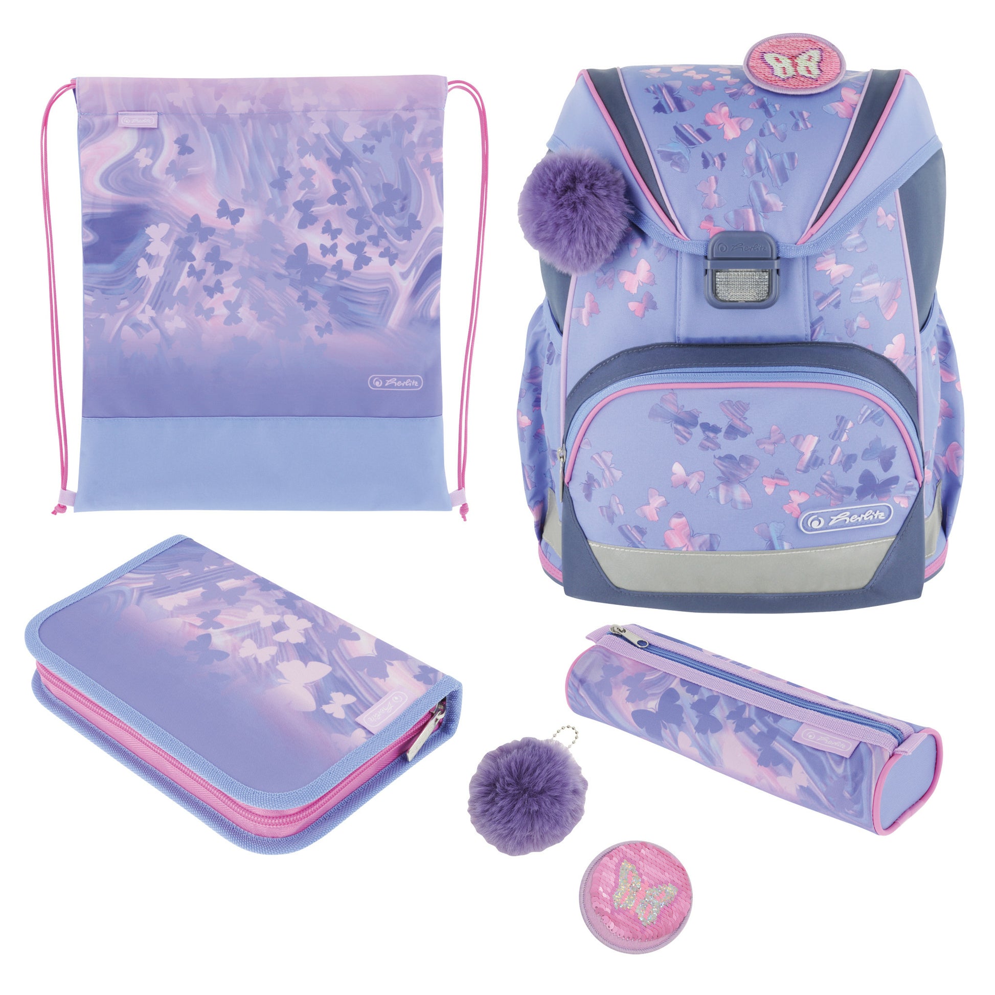 Herlitz UltraLight Plus – Schulrucksack-Set 4-teilig, Schmetterling, 15 l, 28×36×21 cm