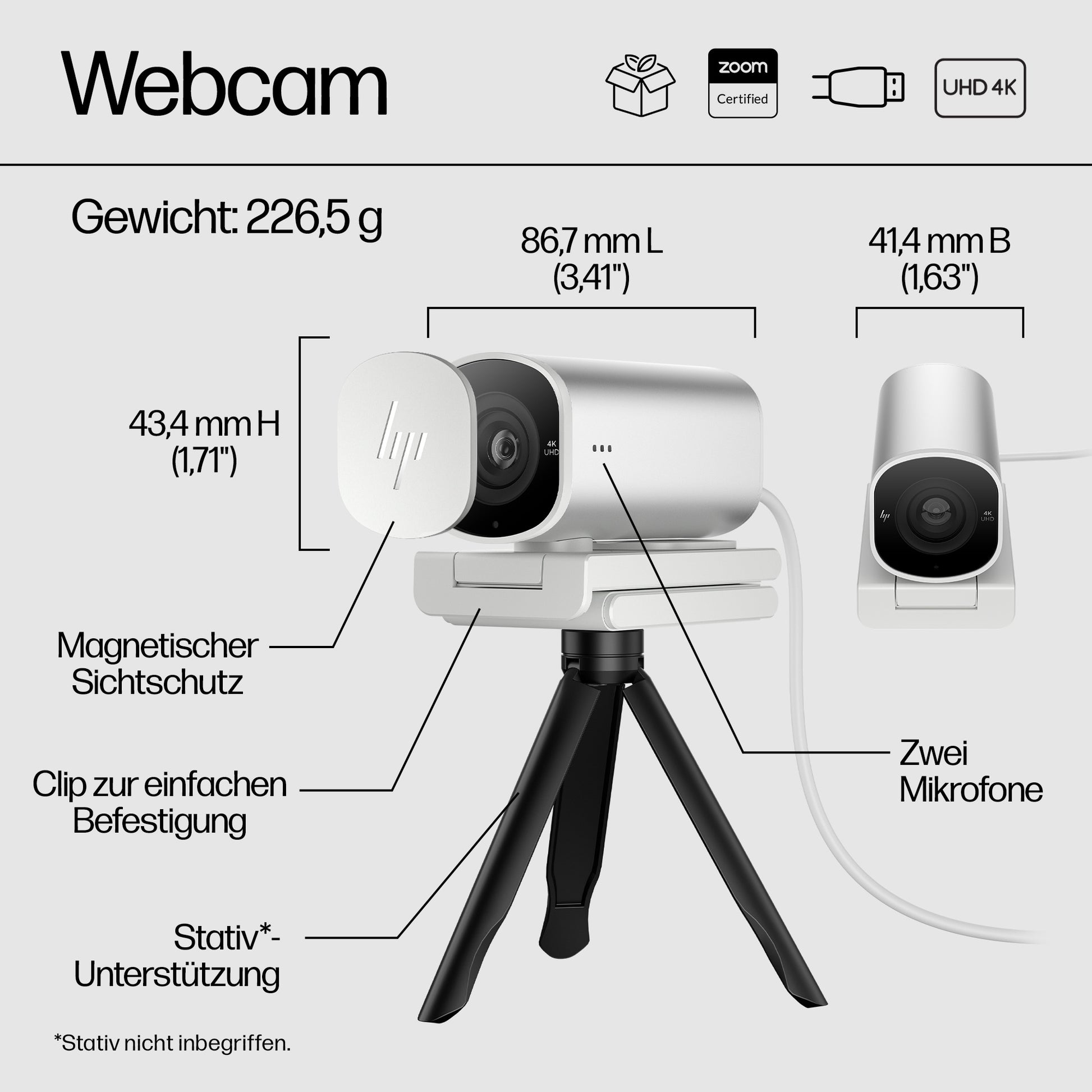 HP 960 – Webcam – 4K, bis 30 fps, USB‑A, Autofokus, 5× digitaler Zoom, Stereo-Mikrofon, Silber