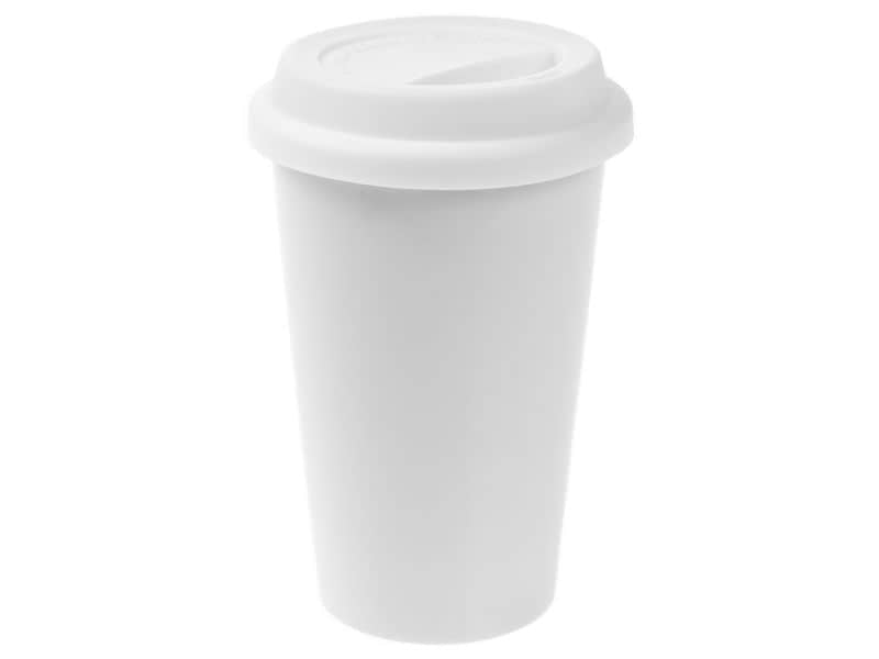 FTM Kaffeetasse To-go – 300 ml, H 15,0 cm, Porzellan, Weiss, mit Deckel, doppelwandig, für Sublimation
