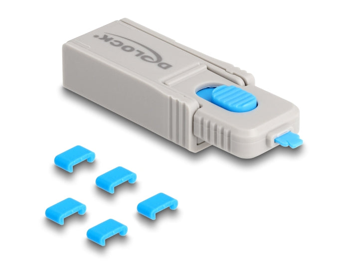 DeLOCK USB-Port-Blocker-Set – USB-C (Buchse) – Kunststoff, Schlüsselanhänger – Blau/Grau – für USB-C