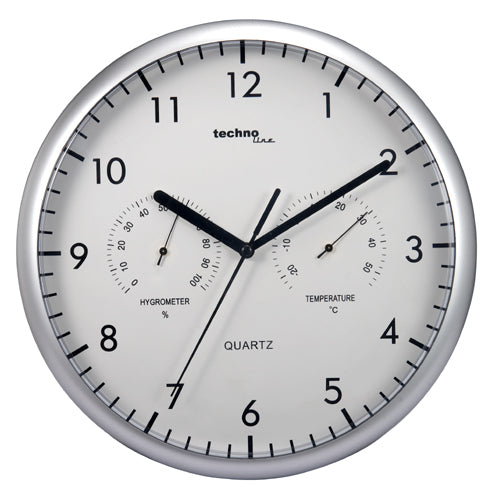 Technoline Wanduhr – Analog, Thermometer, Hygrometer, Ø 26 cm, Silber, Kunststoff