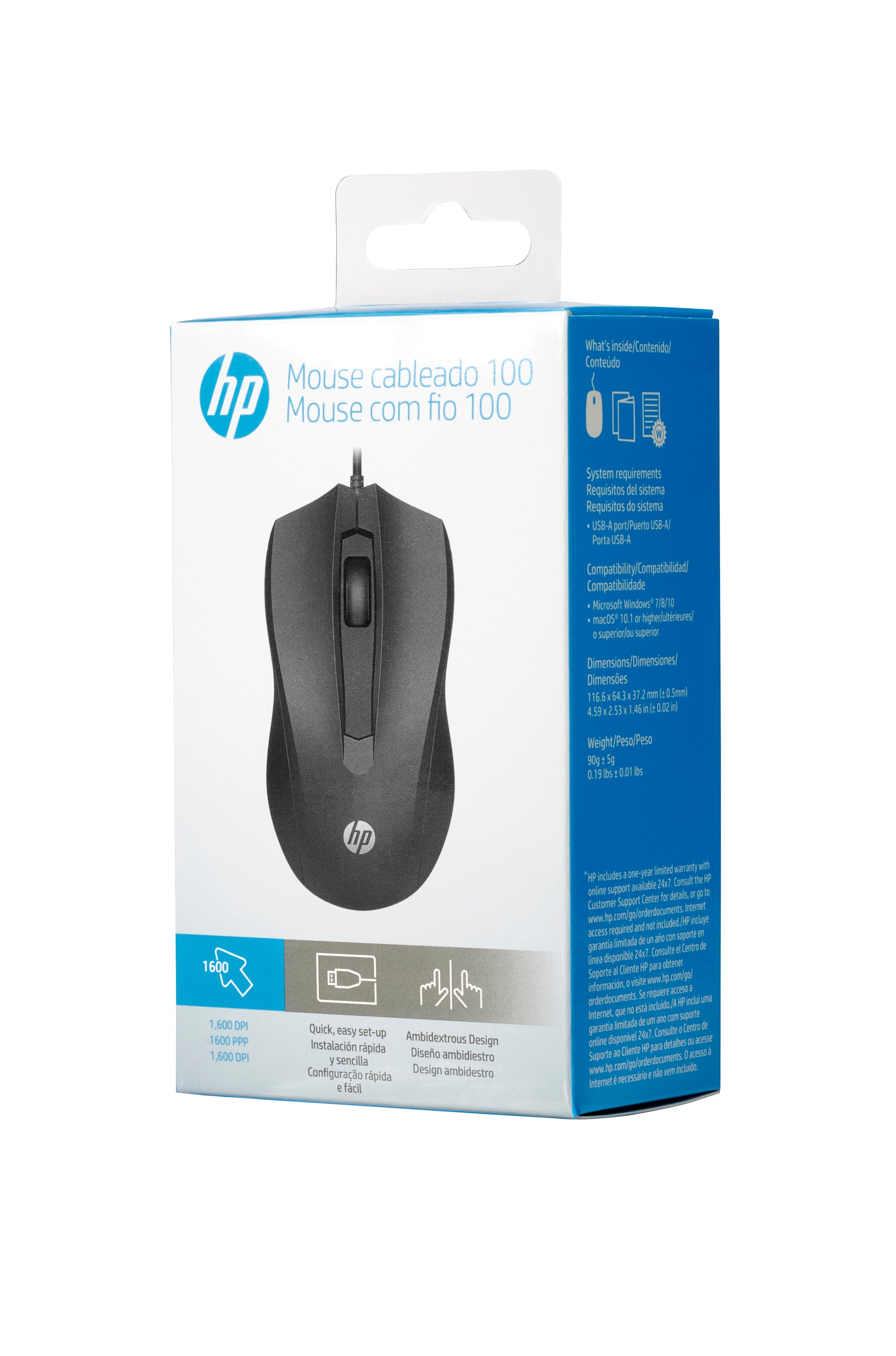 HP 100 – Maus – Kabelgebunden (USB‑A), 1600 DPI, Schwarz
