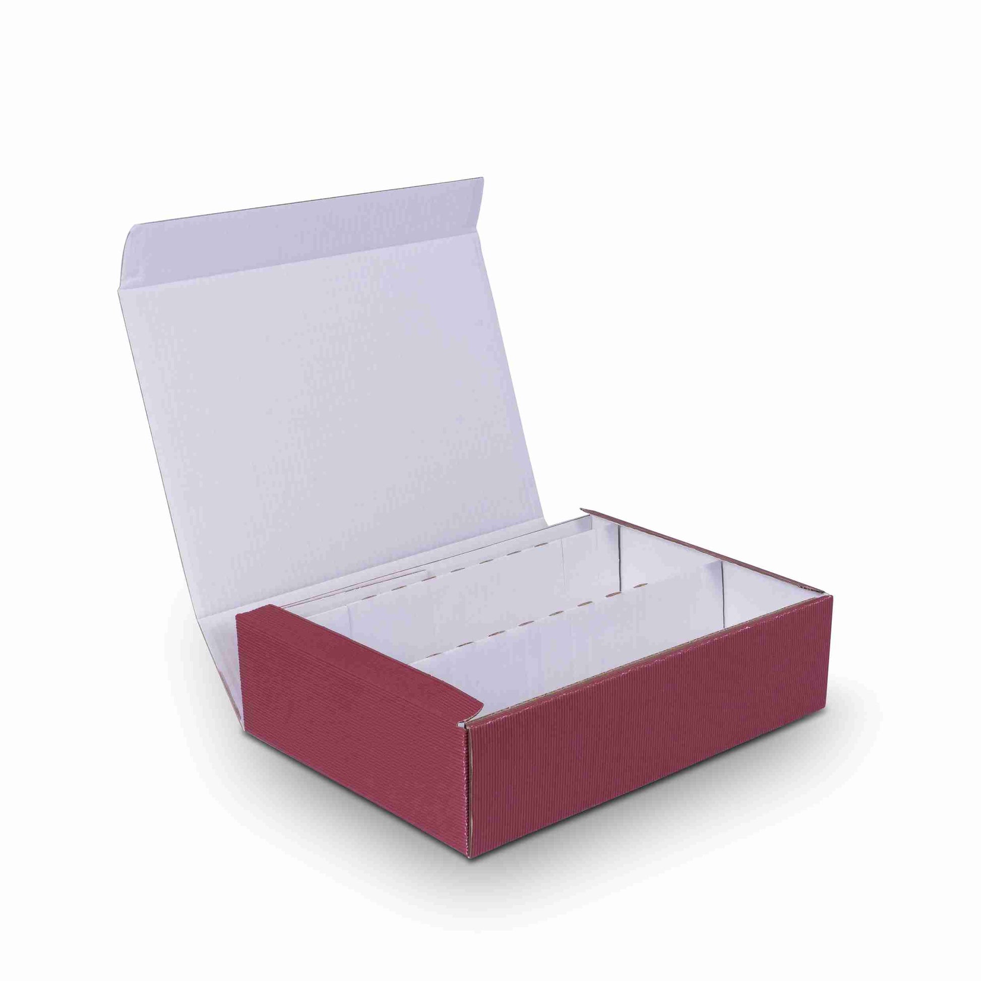 Model Weinpräsentkarton Offene Welle, Wellpappe, bordeaux – Innenmass 360 × 90 × 250 mm – für 3 Flaschen (0,75 – 1 Palette (500 Stk.)