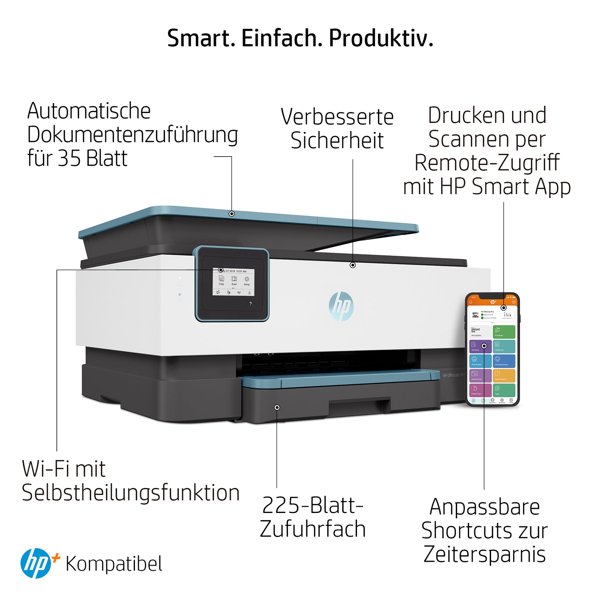 HP OfficeJet 8015e – Farbtintenstrahl-Multifunktionsdrucker, A4, 3-in-1, Duplex, ADF, WLAN, AirPrint, Mopria