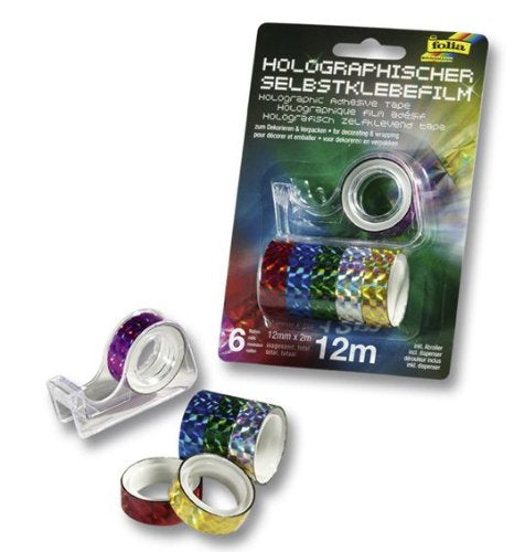 Folia Washi Tape (Deko) – mit Abroller – permanent, holografisch, 12 mm × 2 m, farbig sortiert, 6 Rollen