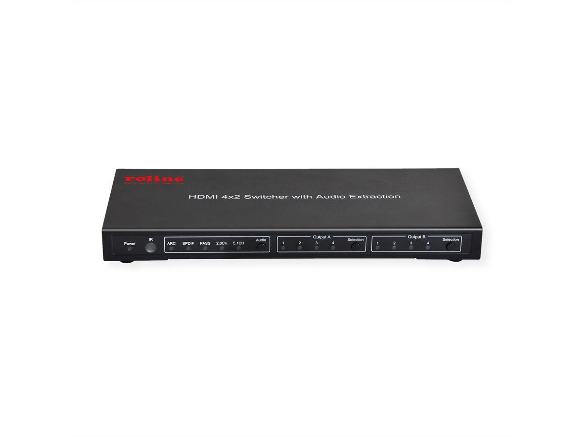 ROLINE HDMI Matrix, 4×2, 4K@60 Hz, IR, Toslink & Cinch, HDCP, Schwarz