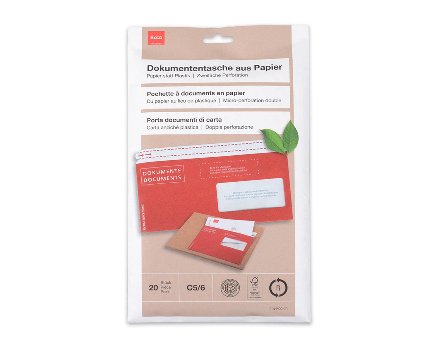 Elco Dokumententasche – C6/5 (229 × 114 mm), Fenster rechts, bedruckt, rot, Papier, selbstklebend – 20 Stück