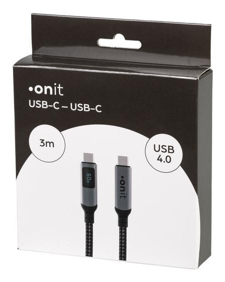 ONIT USB-C auf USB-C Kabel – USB4 20 Gbit/s – 3 m – PD 60 W – Textilmantel, LED-Display – Schwarz/Grau