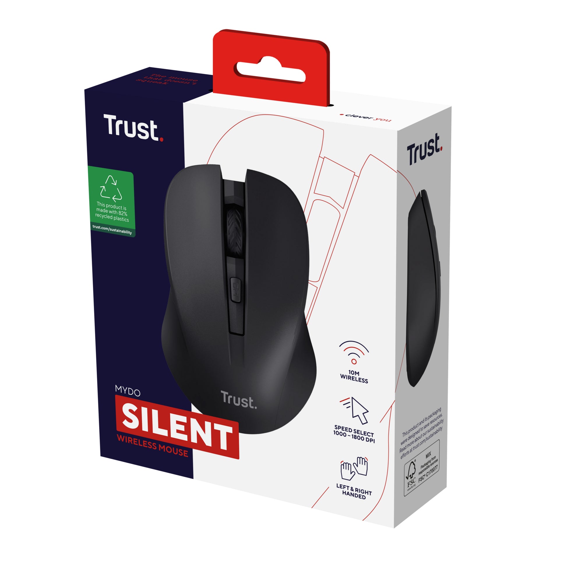 Trust Mydo Silent – Maus – Kabellos (2,4 GHz), 1800 DPI, beidhändig, Schwarz