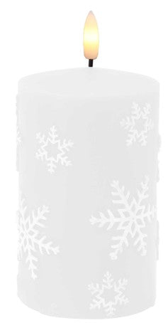 Dameco LED-Teelicht Schneeflocke – Ø 7,5 × 12,5 cm, Warmweiss, Weiss, Timer, Batteriebetrieb (2× AA)