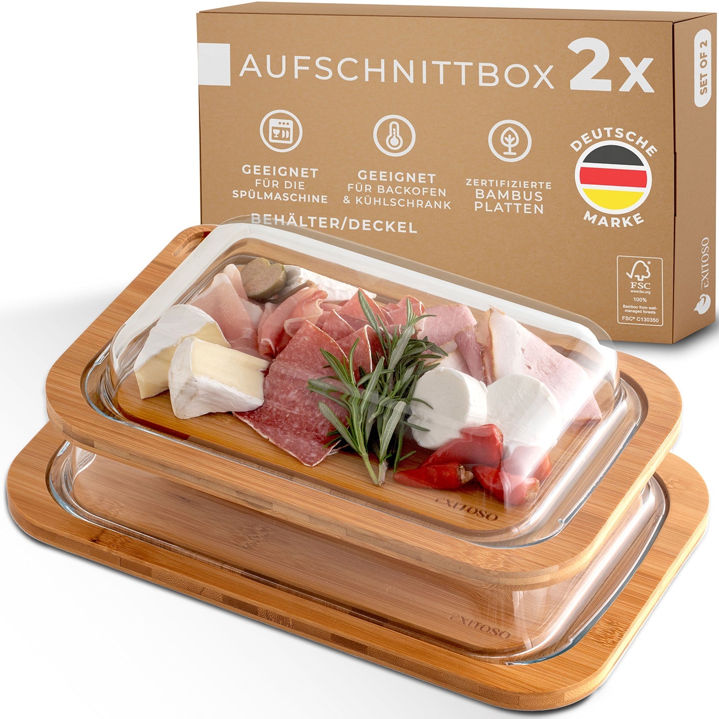 Exitoso Vorratsdose 1,5 l + 1 l, Glas/Bambus, Weiss, 2 Stk.
