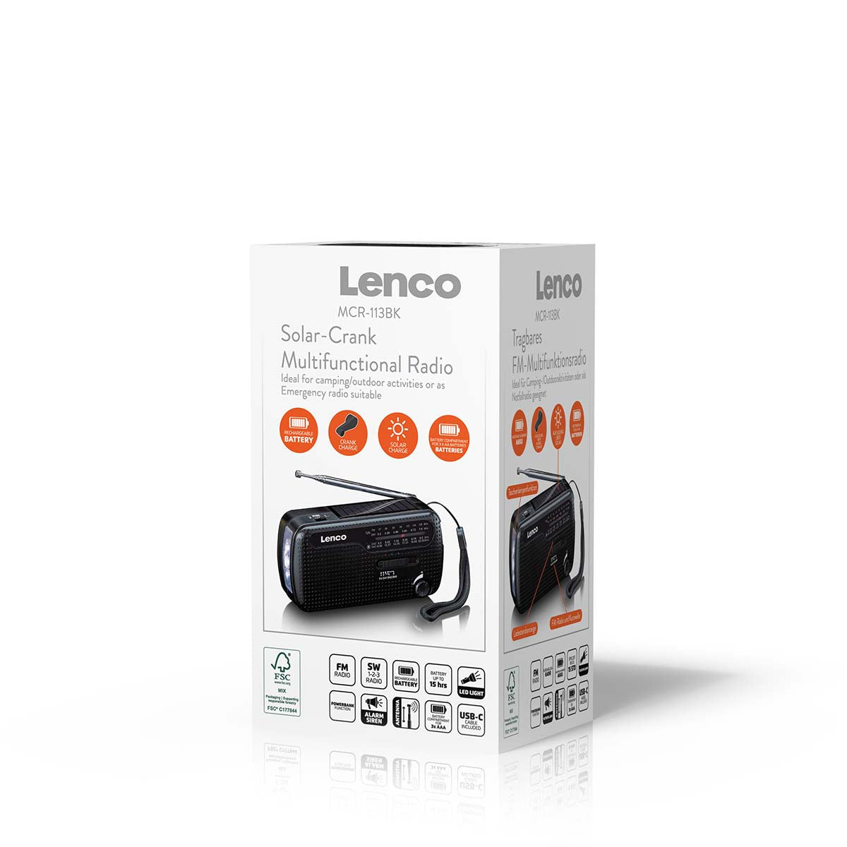 Lenco MCR-113BK – Tragbares Radio, UKW, Kurbel/Dynamo, Solar-/USB-C-Ladung, Powerbank, Lampe – Schwarz