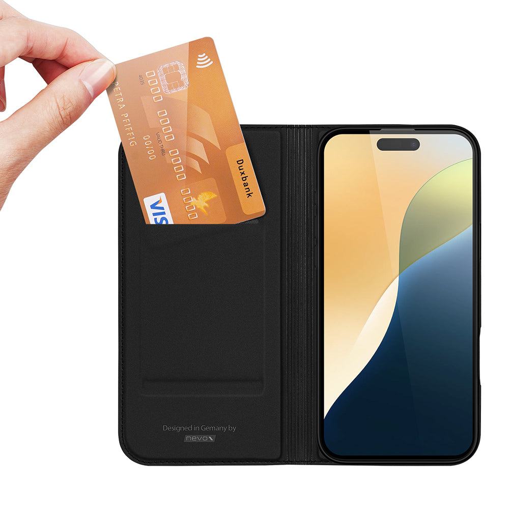 nevox Vario Series Wallethülle – für Apple iPhone 16 Plus, mit Ständer, 1 Kartenfach, PU+TPU, Schwarz