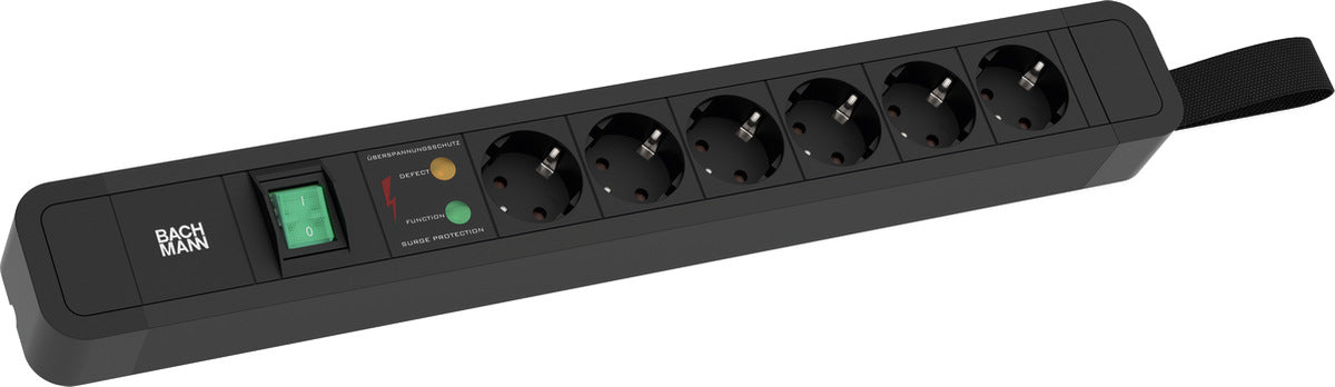 Bachmann PRIMO2 Steckdosenleiste – 6× Schuko (Typ E/F), 2 m, mit Schalter, mit Überspannungsschutz, schwarz